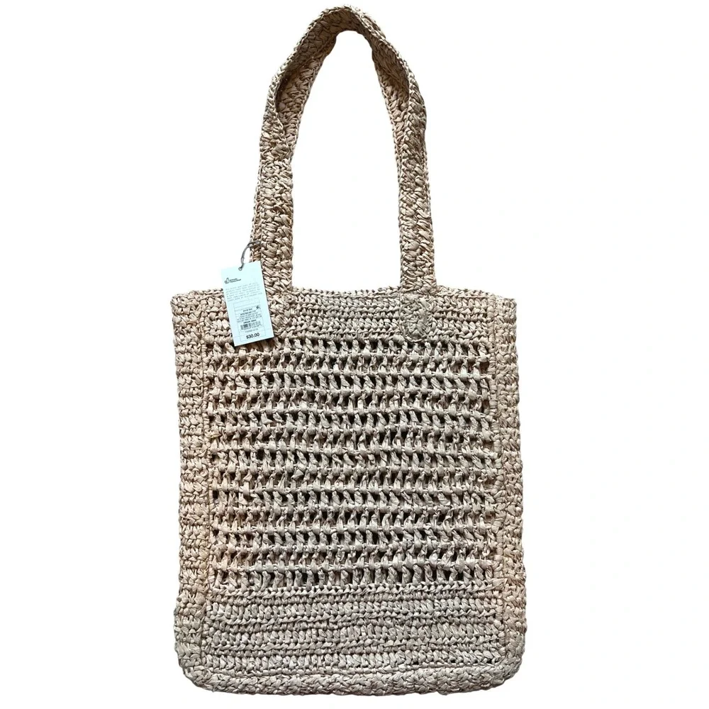 NWT Women Tote Bag Tan Straw Raffia Open Weave Ethically Made Beach Market Bag - Picture 2 of 5